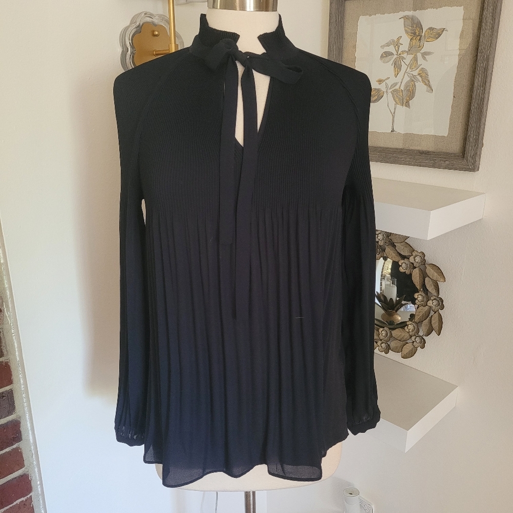 Ralph Lauren Black Georgette Tie-Neck Pleated Long-Sleeve Women's Top Medium